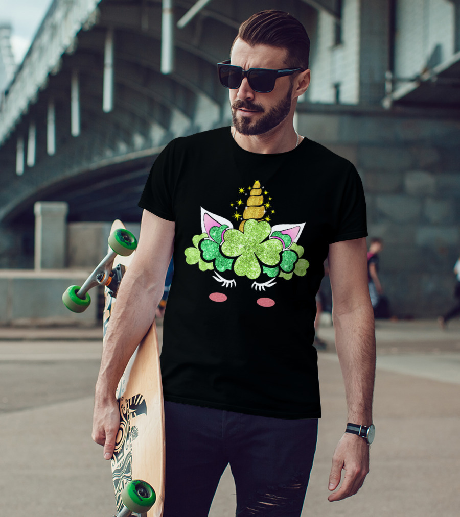 St Patricks Day Unicorn Clover Horn Sparkles T-Shirt