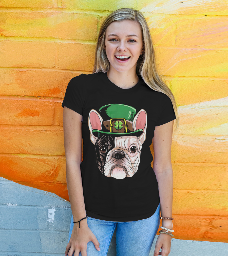 French Bulldog Leprechaun Hat St Pat Clover T-Shirt
