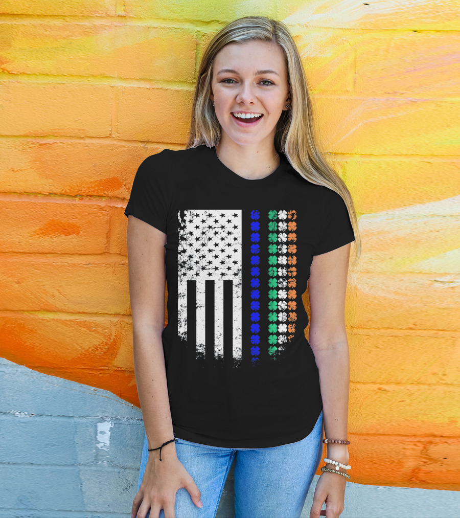 American Flag Irish Police Officer Shamrock Line T-Shirt