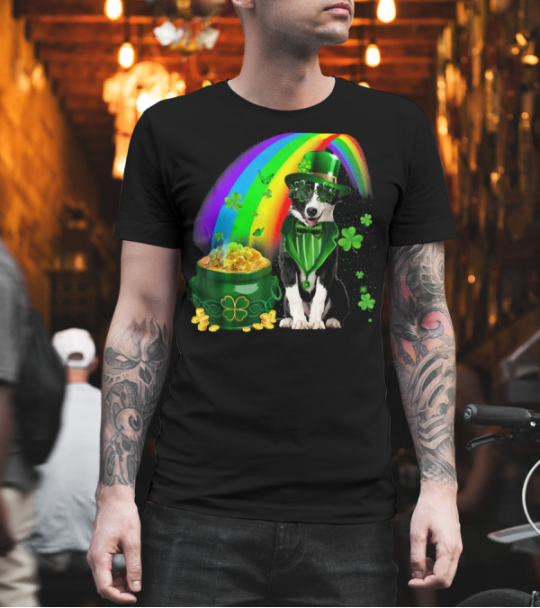 Border Collie Irish Leprechaun with Rainbow and Pot of Gold Coins T-Shirt Border Collie Irish Leprechaun with Rainbow and Pot of Gold Coins T-Shirt