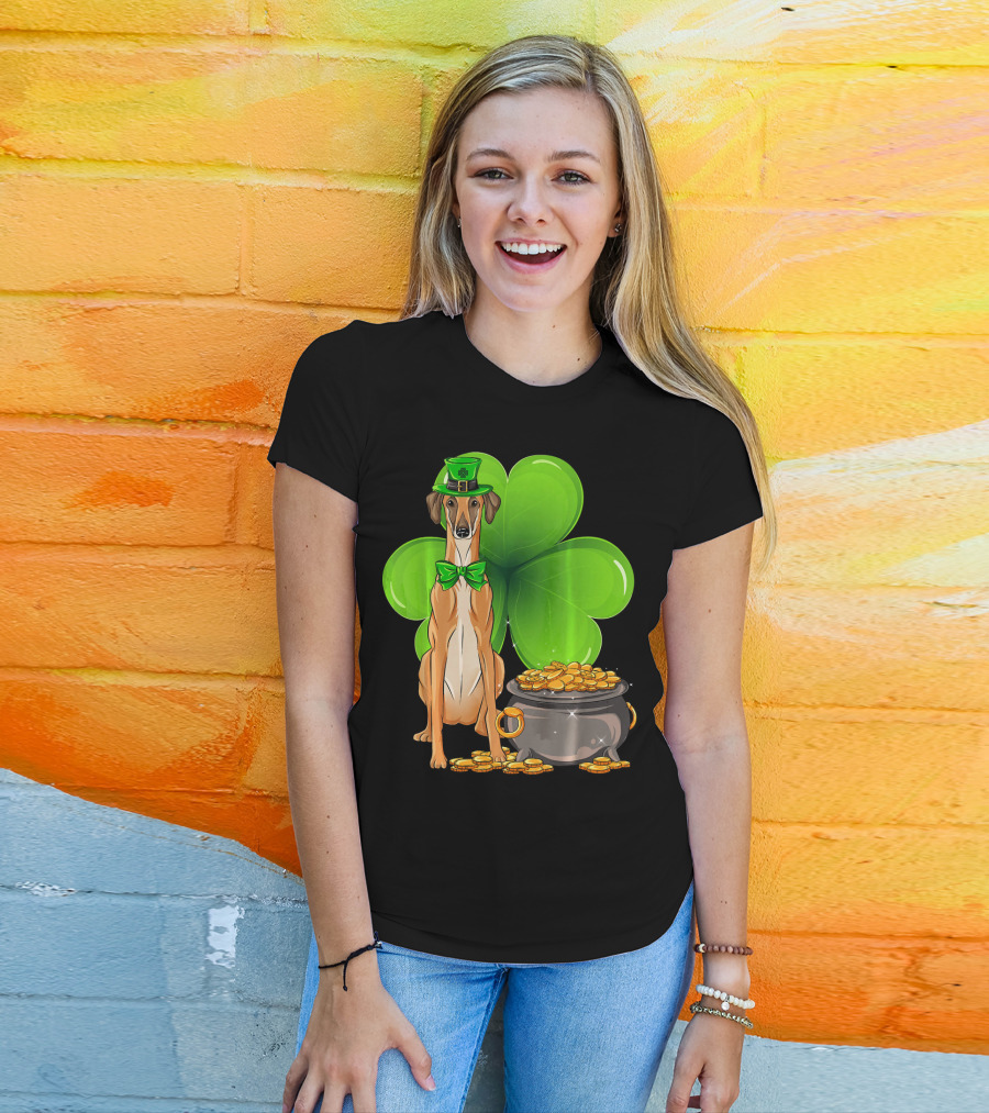 Sloughi Dog With Leprechaun Hat And Clover St Patricks Day Pot Of Gold T-Shirt