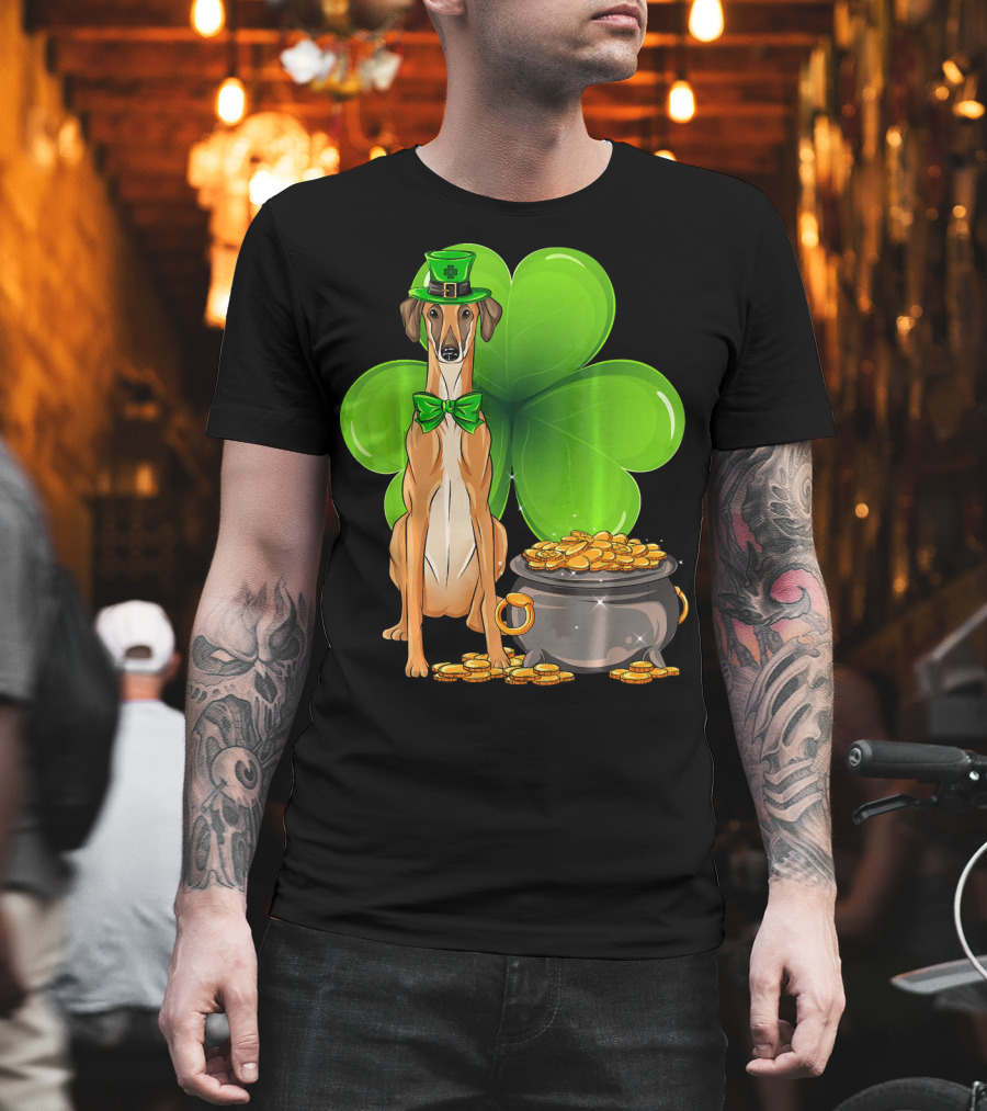 Sloughi Dog with Leprechaun Hat and Clover St Patricks Day Pot of Gold T-Shirt