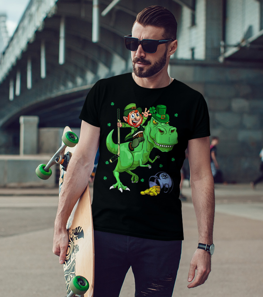 Funny St. Pat Rex Day Leprechaun Riding Dinosaur With Hockey Stick And Gold Coins T-Shirt