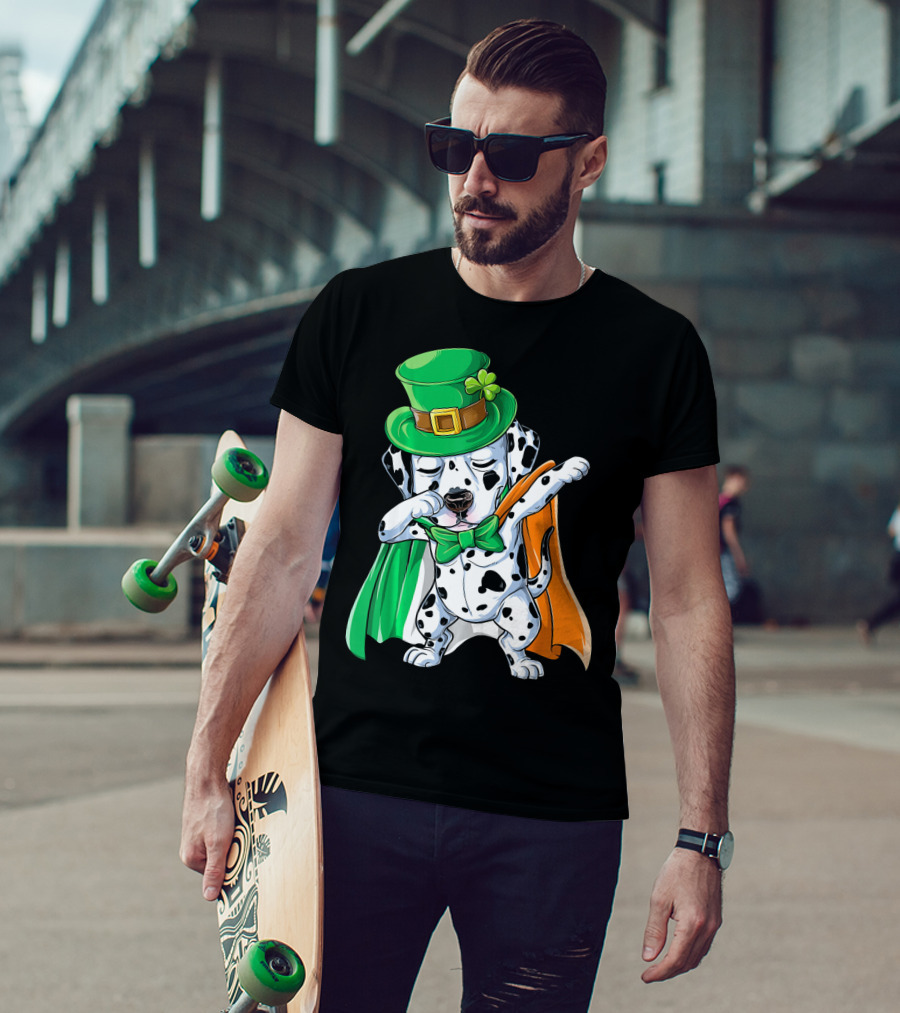 Saint Patrick's Day Dabbing Dalmatian In Green Hat And Irish Colors T-Shirt