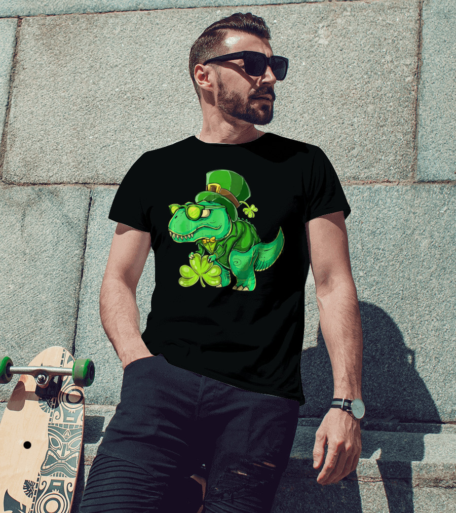St Patricks Day Irish Dinosaur With Shamrock And Leprechaun Hat T-Shirt