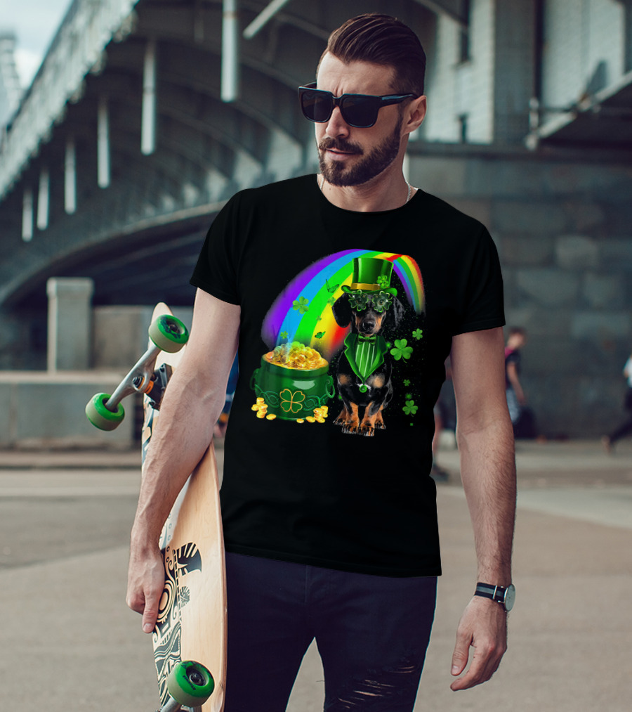 Dachshund Dog Irish Leprechaun With Pot Of Gold And Rainbow T-Shirt