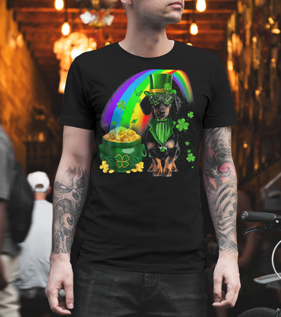 Dachshund Dog Irish Leprechaun With Pot Of Gold And Rainbow T-Shirt
