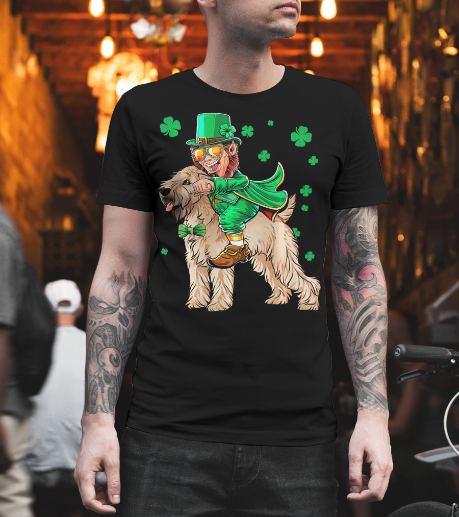 Leprechaun Riding Soft Coated Wheaten Terrier with Shamrocks T-Shirt