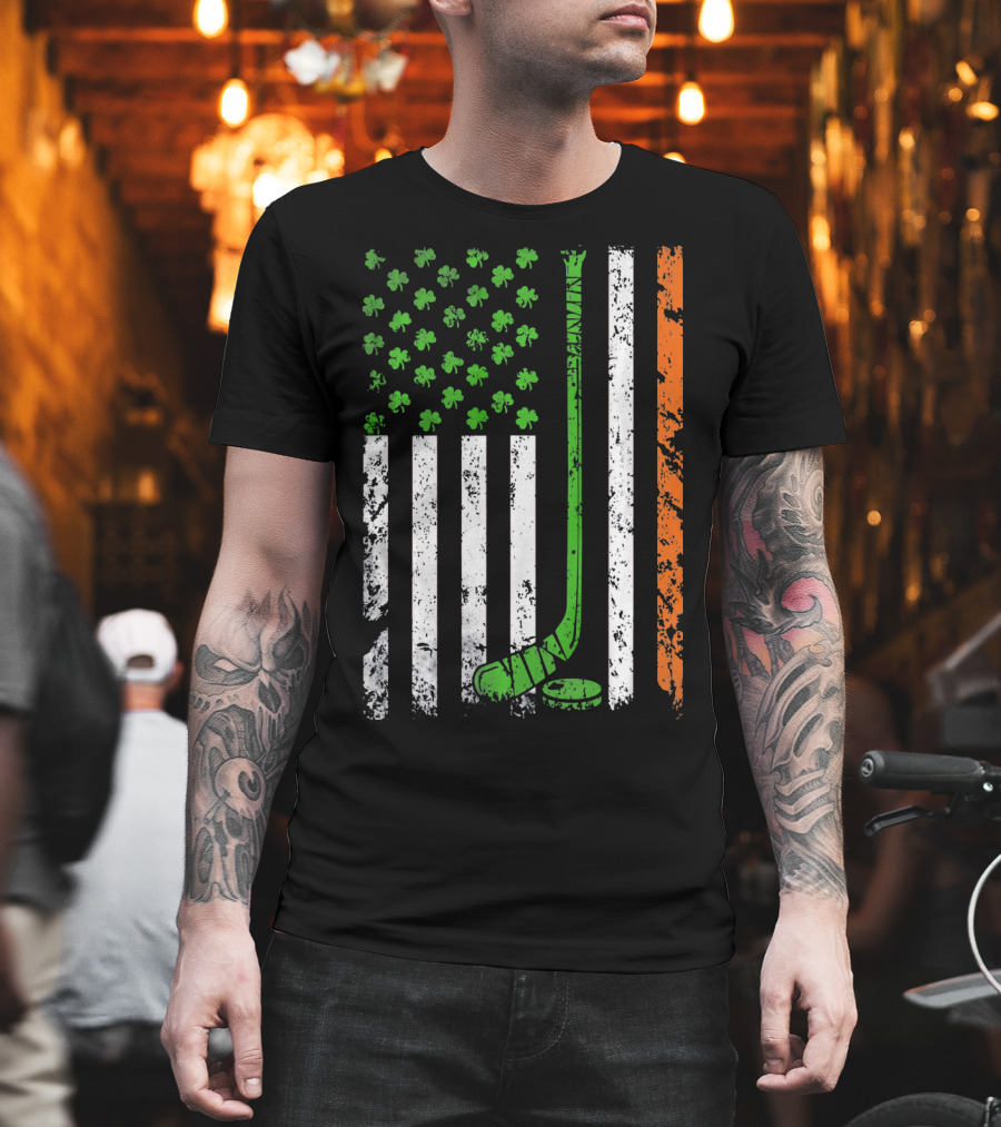 Irish American Hockey Flag with Shamrocks and Hockey Stick T-Shirt