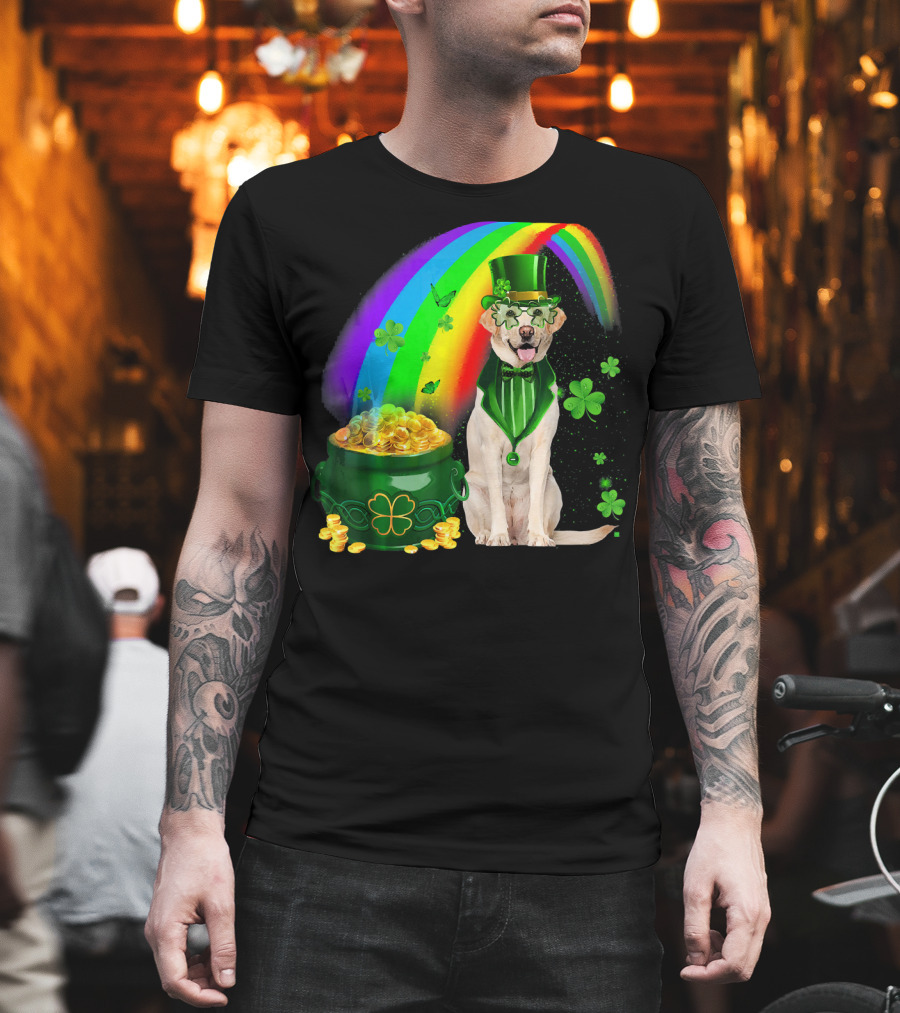 Labrador Dog Leprechaun With Rainbow Coins And Shamrock Saint Patrick's Day Irish Charm T-Shirt