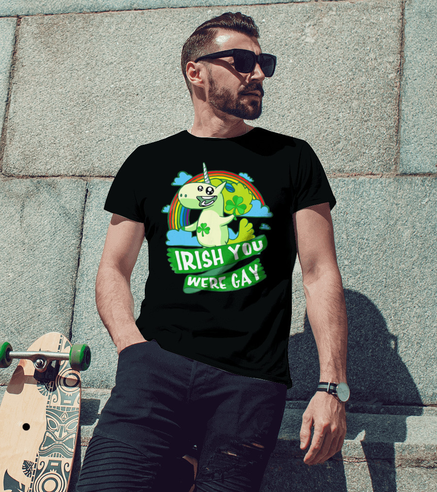 Unicorn Irish You Were Gay Rainbow Shamrock Clouds T-Shirt