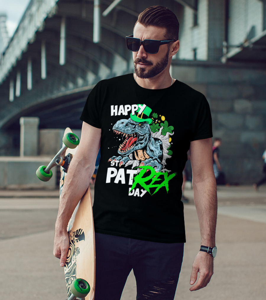 St Patricks Day Rex Happy Pat With Leprechaun Hat And Shamrocks T-Shirt