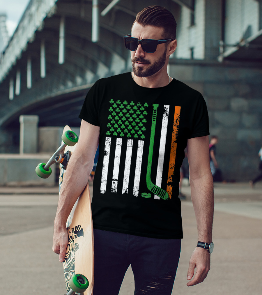 Irish American Flag Shamrock Hockey Stick T-Shirt