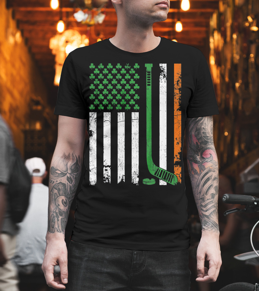 Irish American Flag Shamrock Hockey Stick T-Shirt
