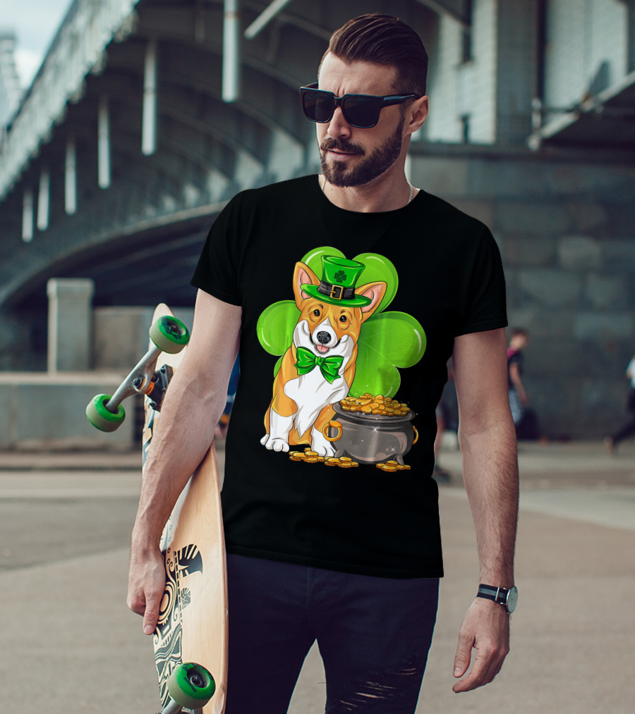Pembroke Welsh Corgi St Patricks Day Leprechaun Hat Shamrock Pot Of Gold T-Shirt