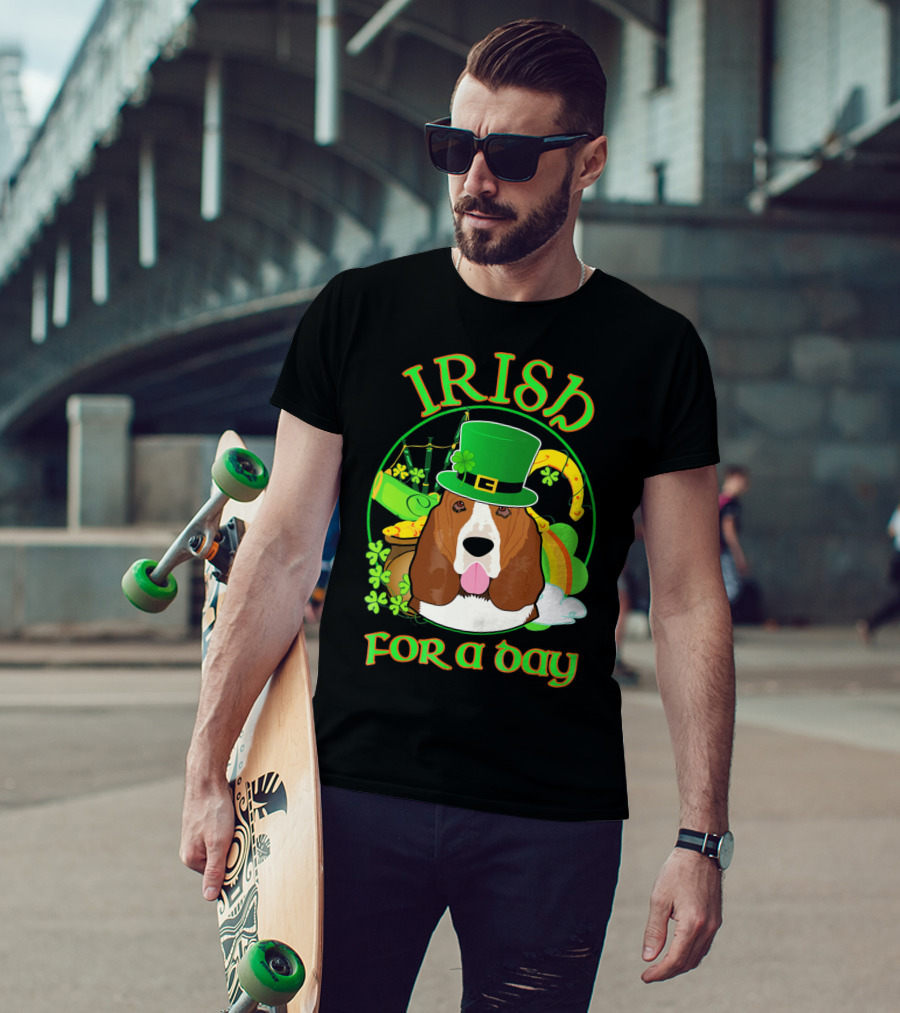 Irish For A Day Basset Hound Dog With Leprechaun Hat And Shamrocks T-Shirt