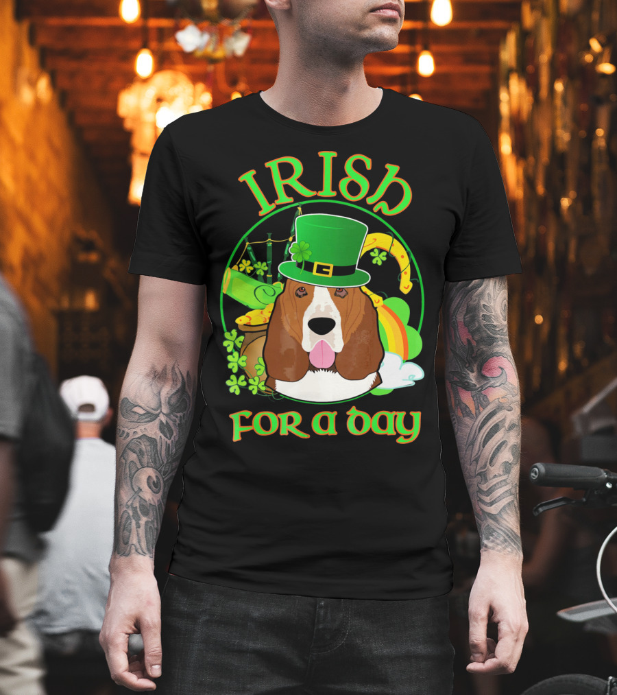 Irish For A Day Basset Hound Dog with Leprechaun Hat and Shamrocks T-Shirt