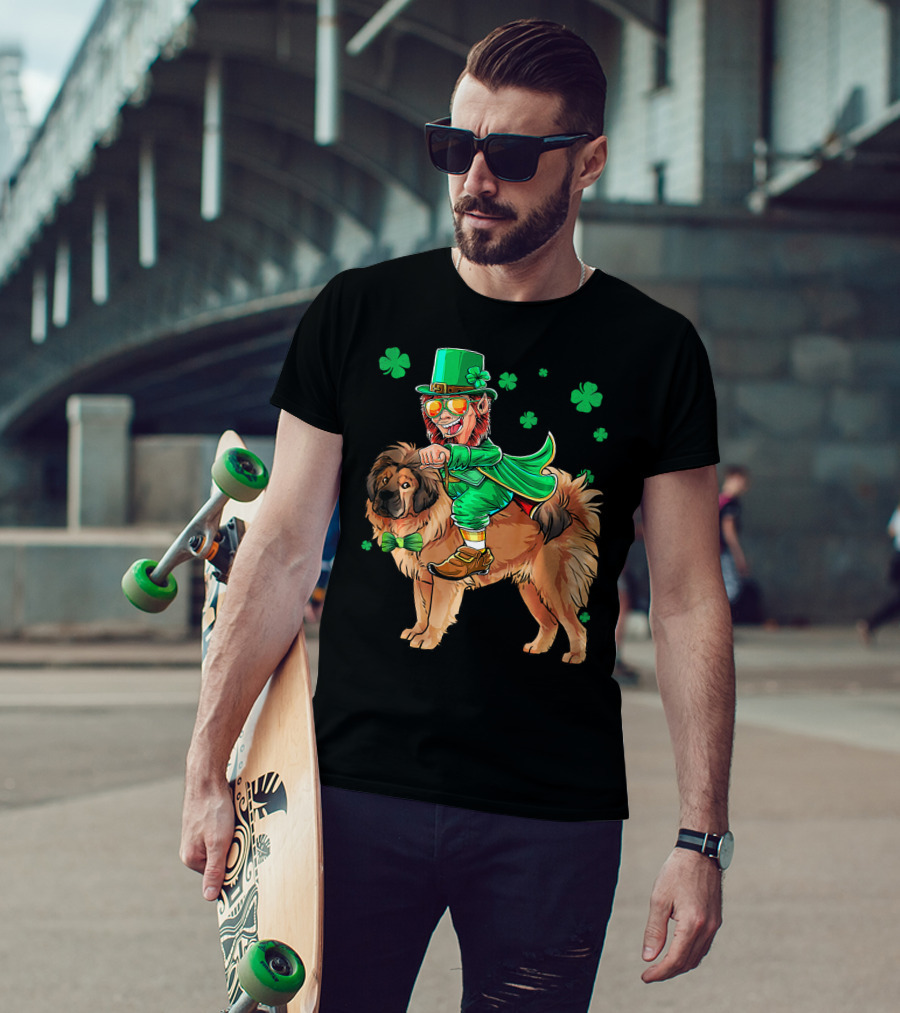 Leprechaun Riding Tibetan Mastiff With Shamrocks T-Shirt