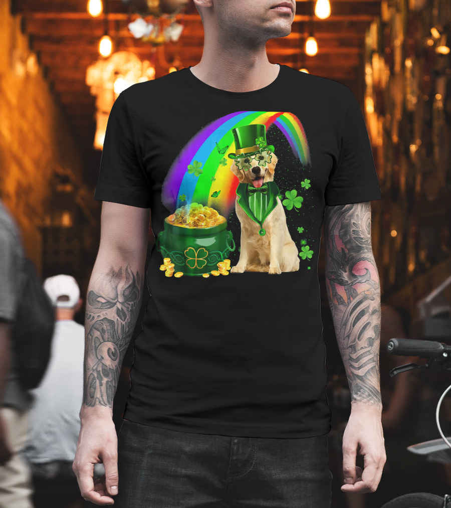 Golden Retrievers Dog Irish Leprechaun Rainbow Gold T-Shirt