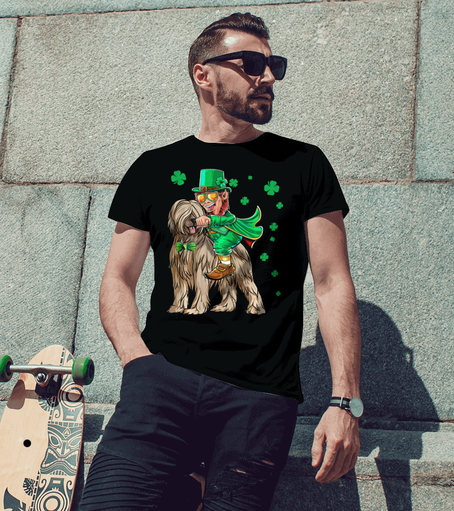 Leprechaun With Briard Surrounded By Shamrocks For St. Patrick's Day T-Shirt