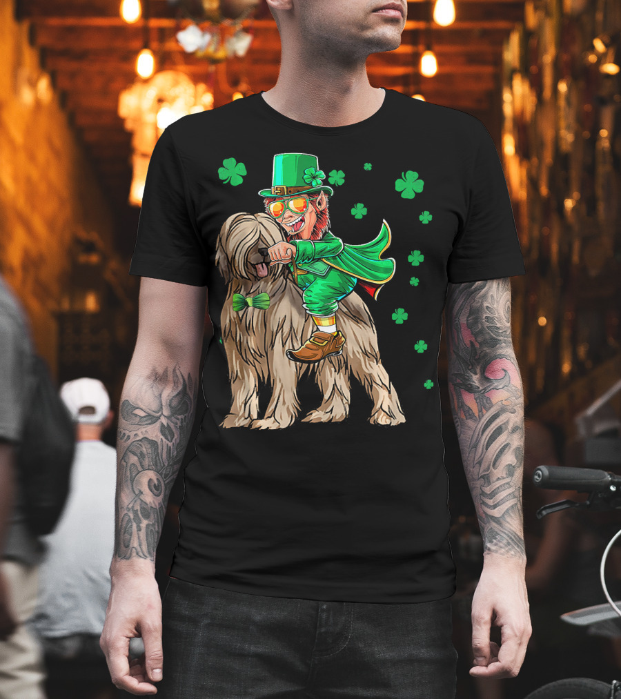 Leprechaun With Briard Surrounded By Shamrocks For St. Patrick's Day T-Shirt