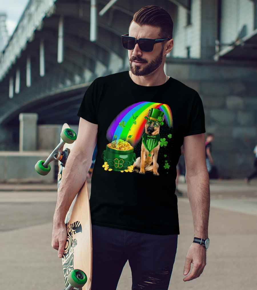German Shepherd Irish Leprechaun Rainbow Pot Of Gold Shamrock T-Shirt