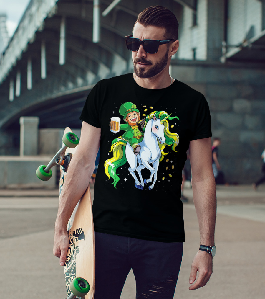 Leprechaun Riding Unicorn With Beer And Coins T-Shirt