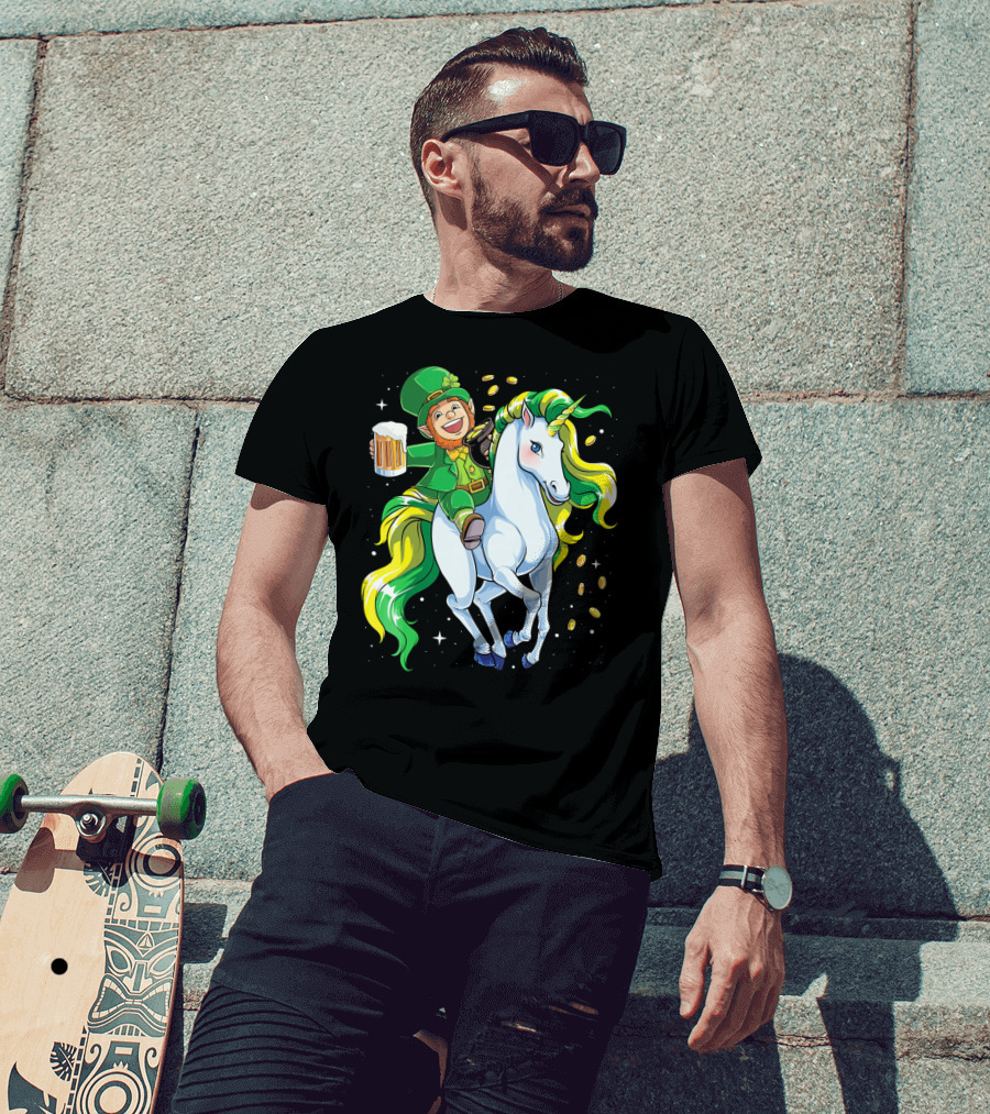 Leprechaun Riding Unicorn With Beer And Coins T-Shirt