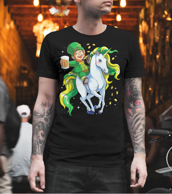Leprechaun Riding Unicorn with Beer and Coins T-Shirt Leprechaun Riding Unicorn with Beer and Coins T-Shirt