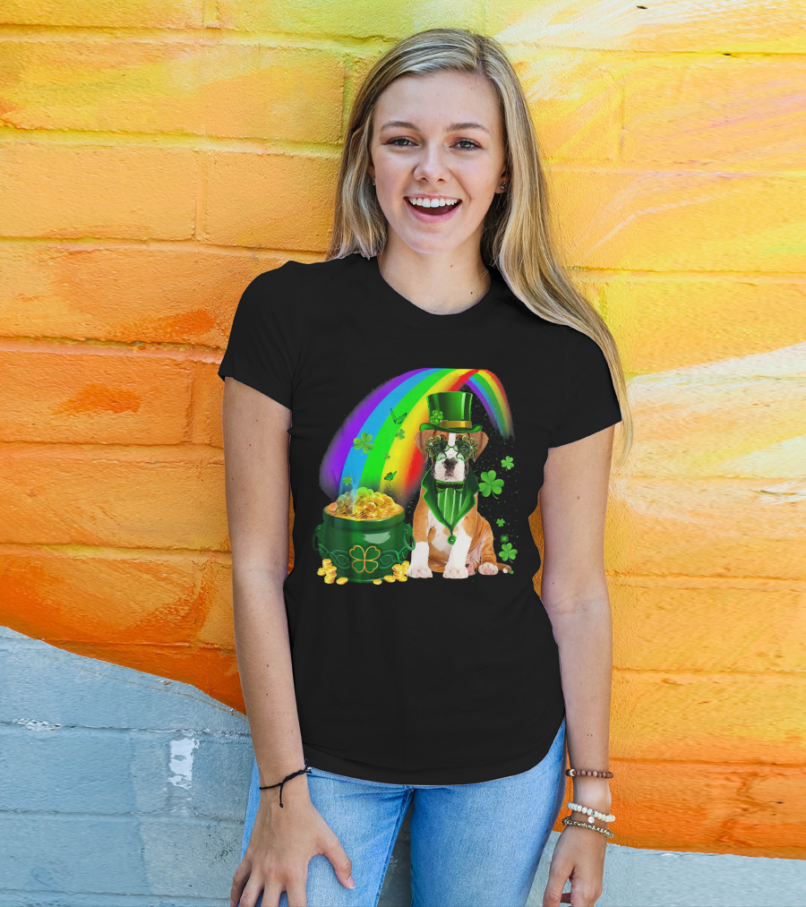 Boxer Dog Irish Leprechaun Coin Rainbow Clover Saint Patrick's Day T-Shirt