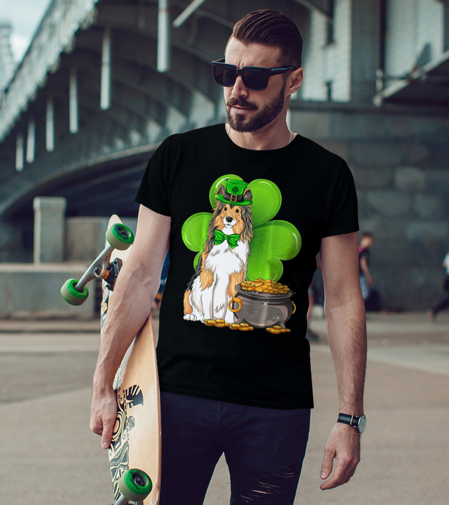 Shetland Sheepdog St Patricks Day Leprechaun Clover And Pot Of Gold T-Shirt