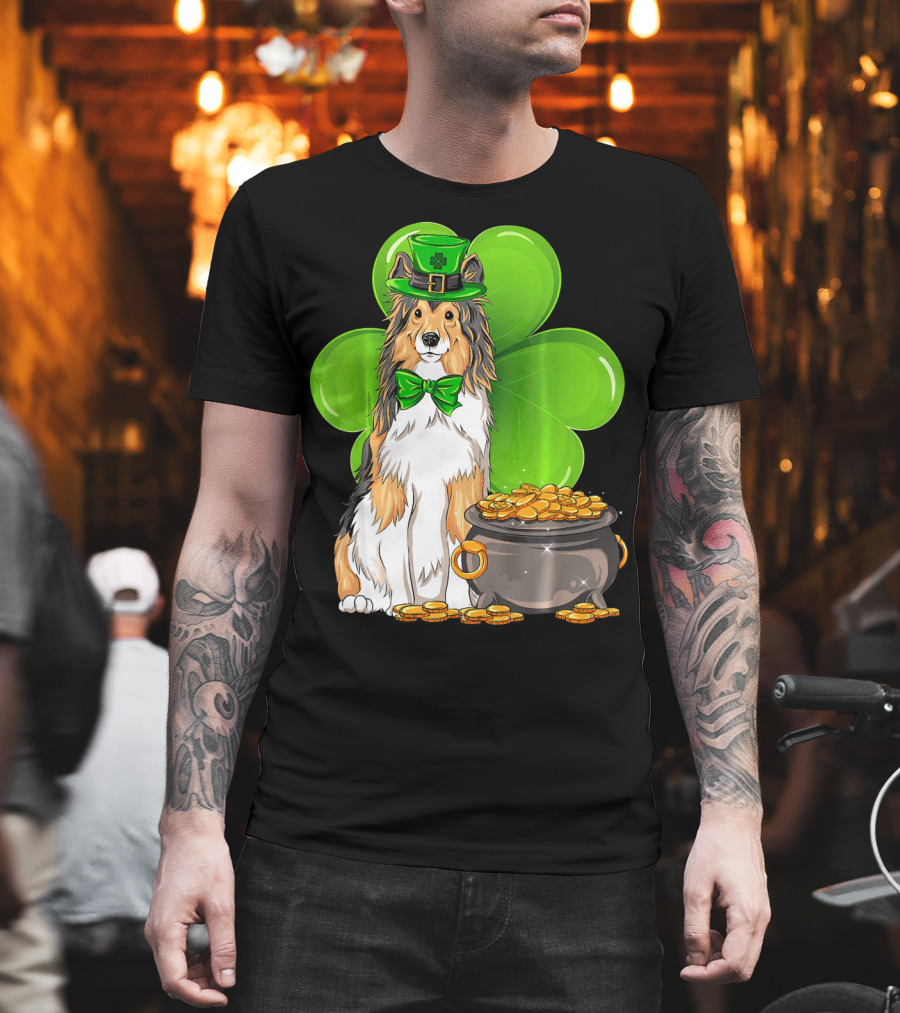 Shetland Sheepdog St Patricks Day Leprechaun Clover And Pot Of Gold T-Shirt