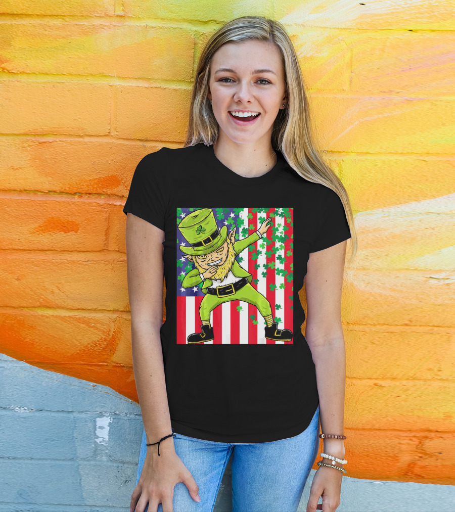 American Flag Dabbing Leprechaun St Patrick's Day Shamrocks T-Shirt