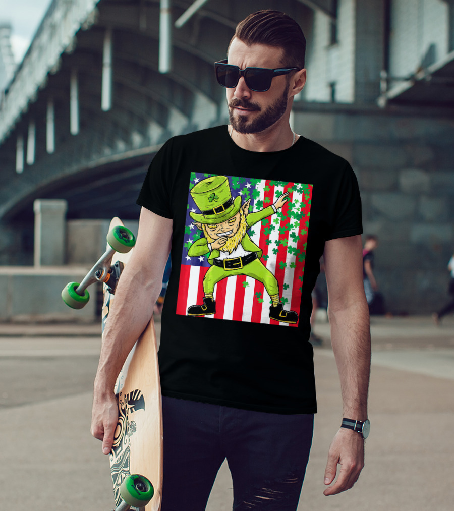American Flag Dabbing Leprechaun St Patrick's Day Shamrocks T-Shirt