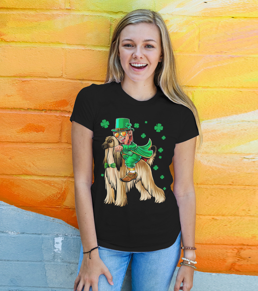 Leprechaun Riding Afghan Hound With Shamrocks St. Patrick's Day T-Shirt