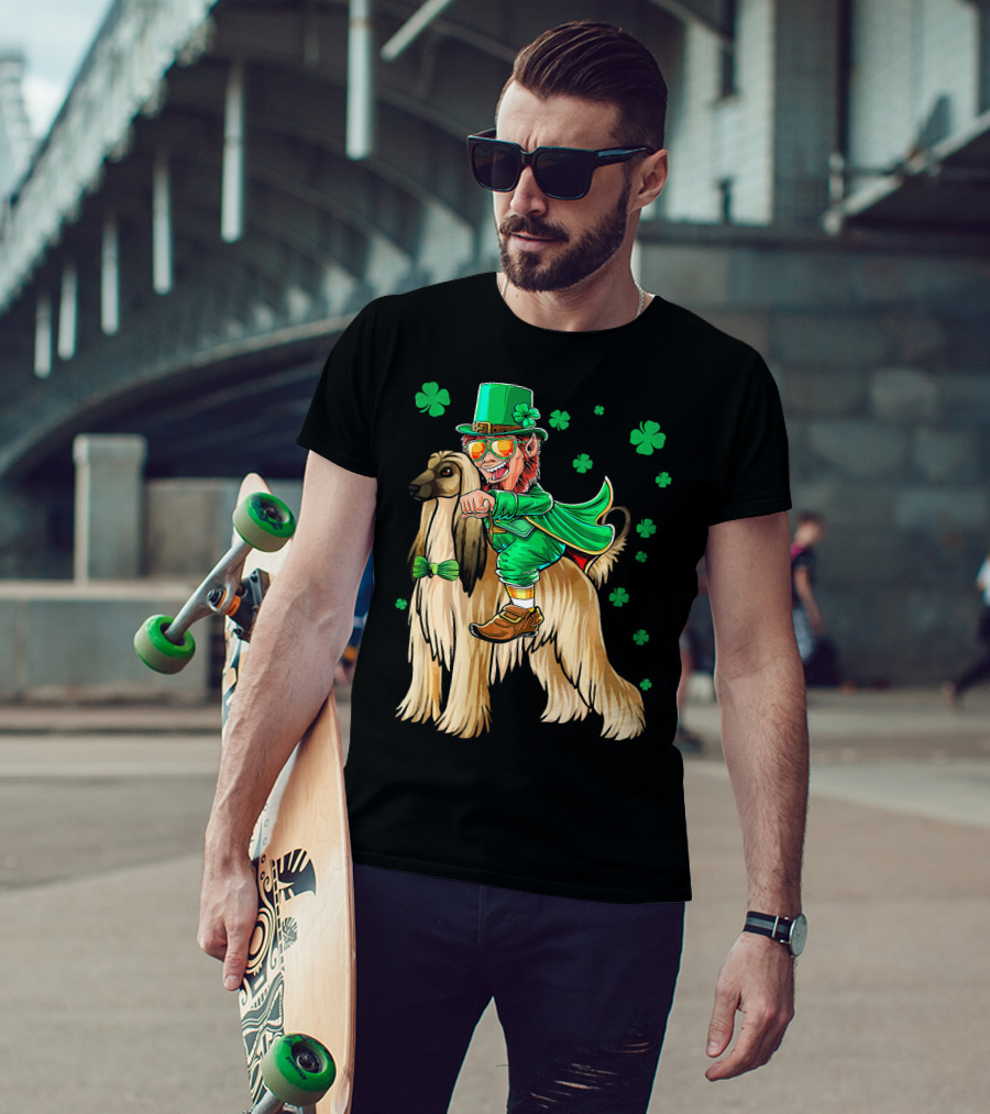 Leprechaun Riding Afghan Hound With Shamrocks St. Patrick's Day T-Shirt