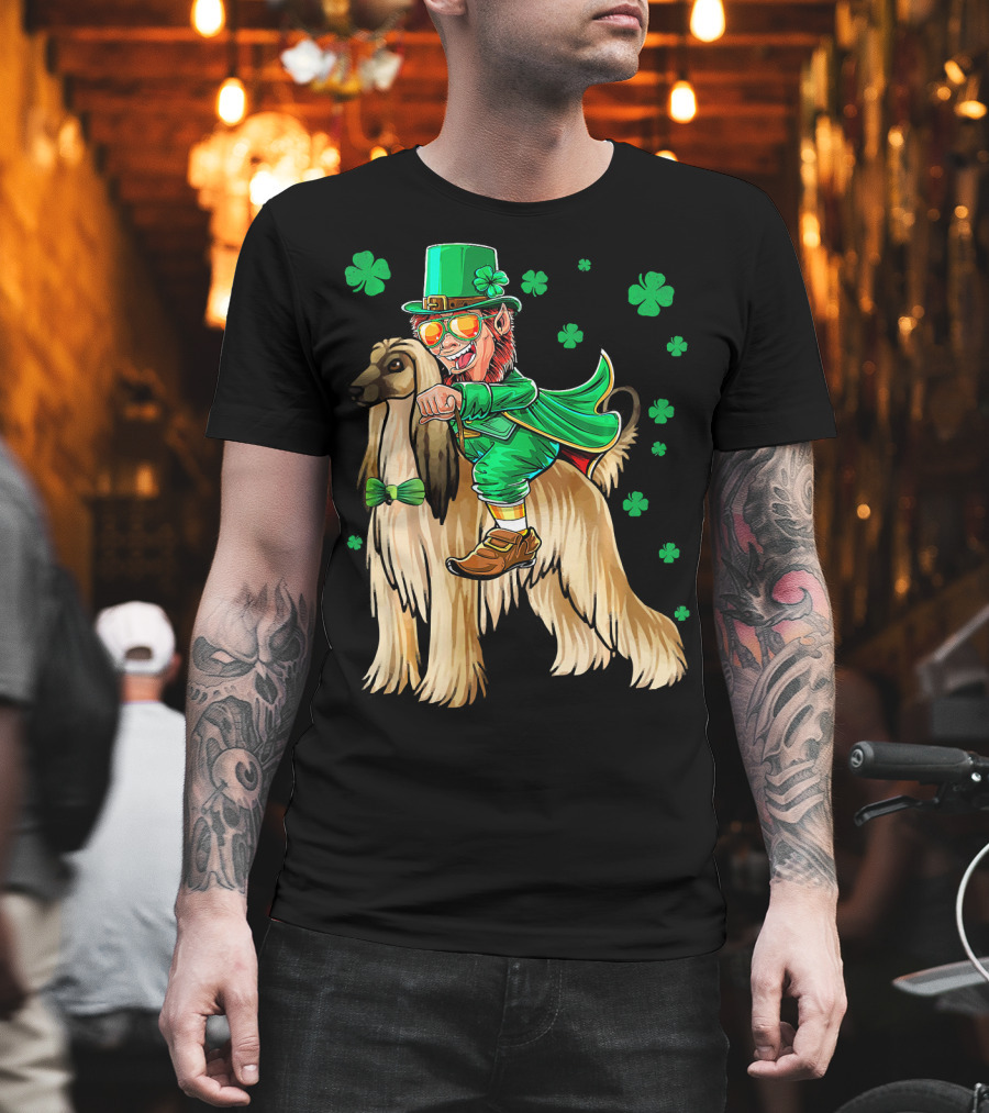 Leprechaun Riding Afghan Hound with Shamrocks St. Patrick's Day T-Shirt