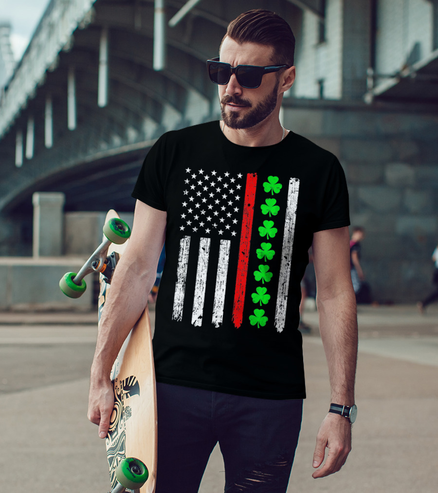 American Flag Thin Red Line Shamrock Irish St Patricks T-Shirt