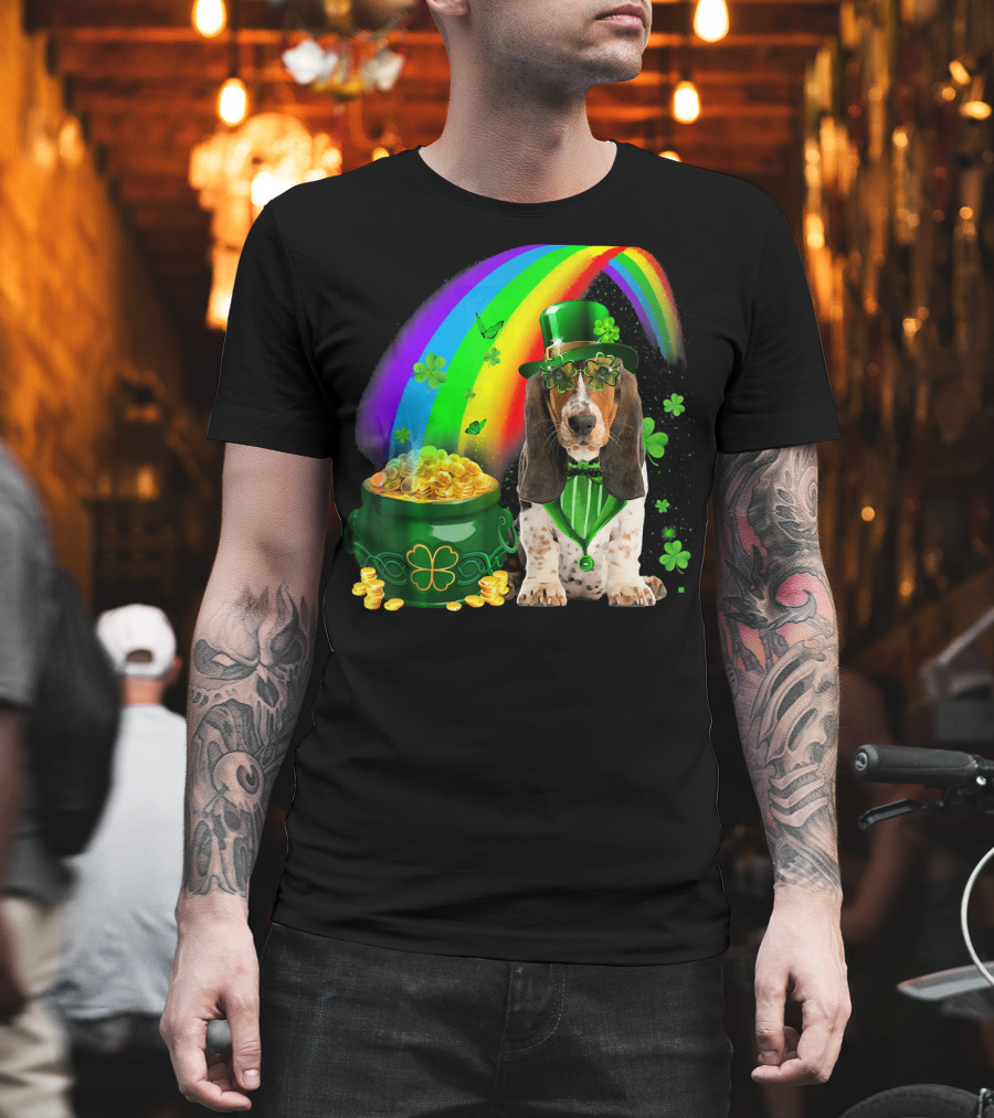 Basset Hound with Leprechaun Hat Rainbow and Pot of Gold T-Shirt
