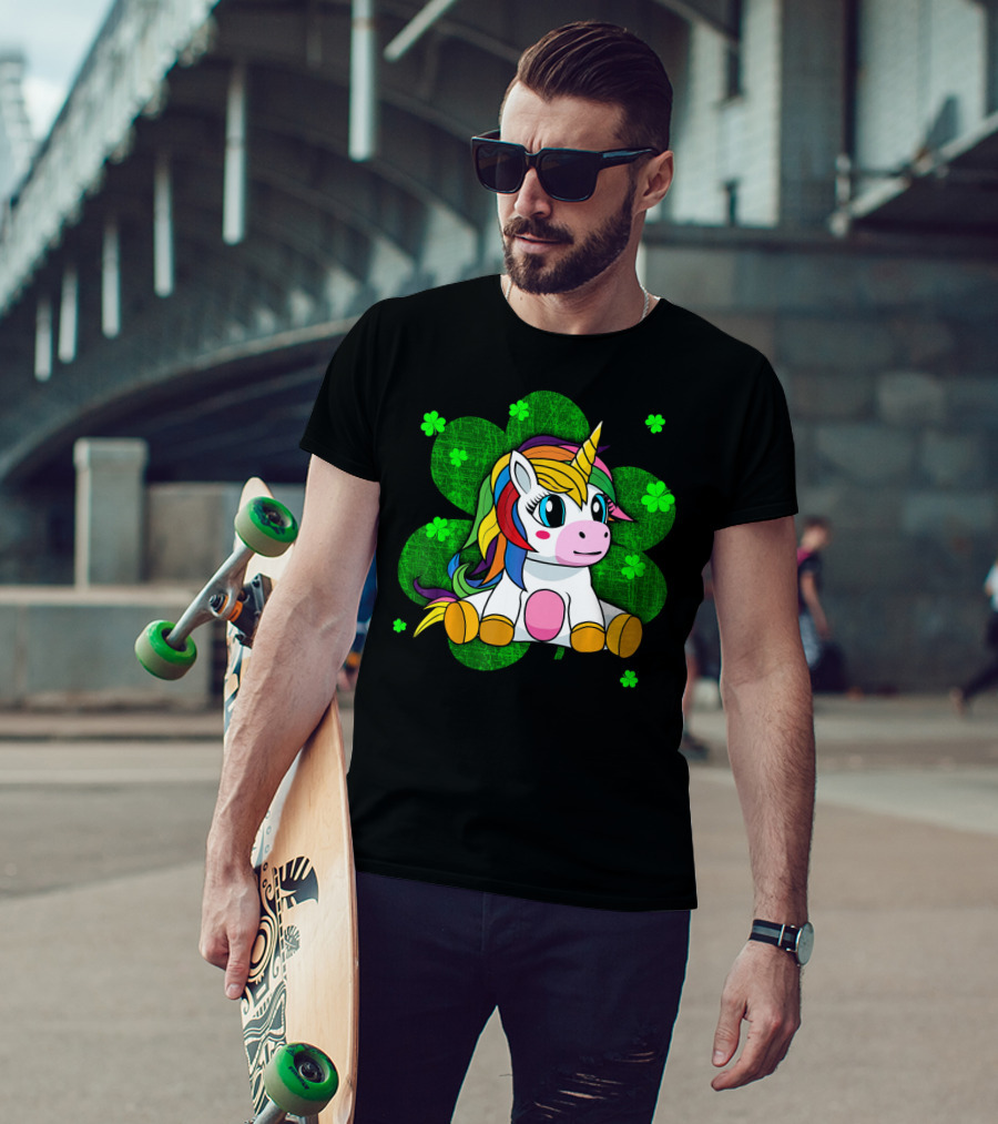 Cute Kids Unicorn Girls St Patrick Clover Rainbow T-Shirt