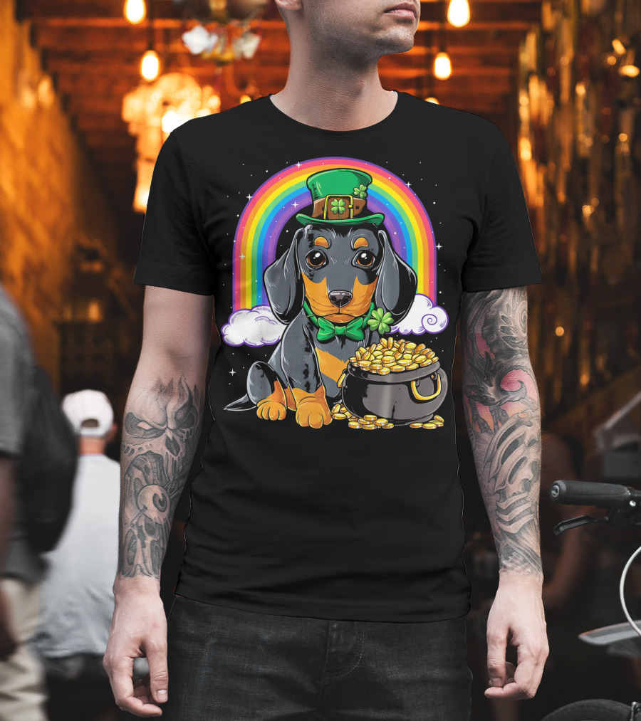 Dachshund Leprechaun Hat Rainbow Pot Of Gold T-Shirt