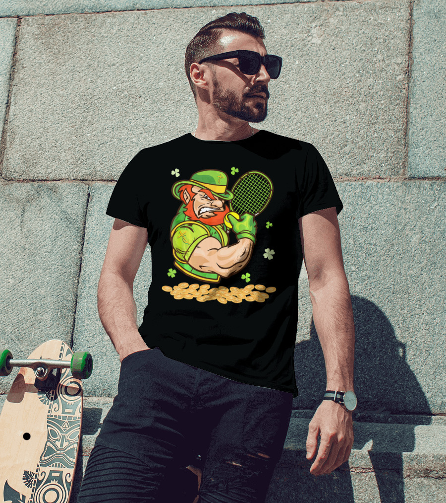 Leprechaun Playing Tennis With Shamrocks And Gold Coins T-Shirt