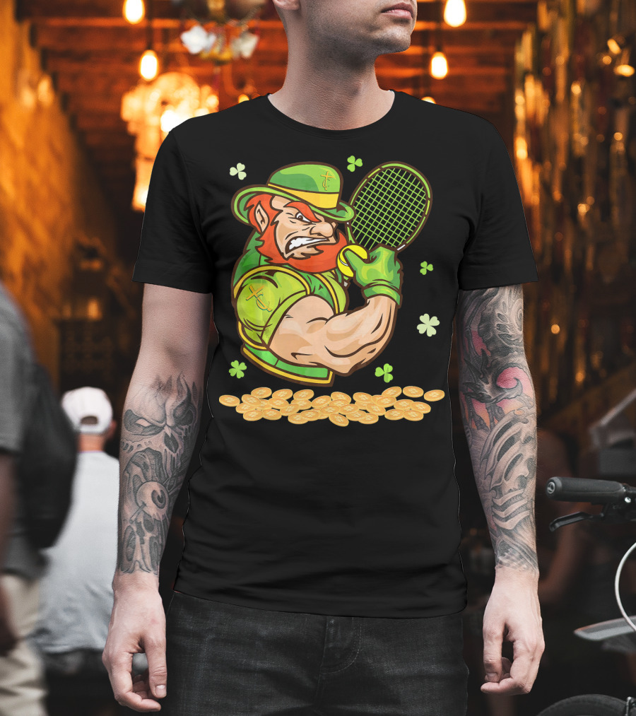 Leprechaun Playing Tennis with Shamrocks and Gold Coins T-Shirt