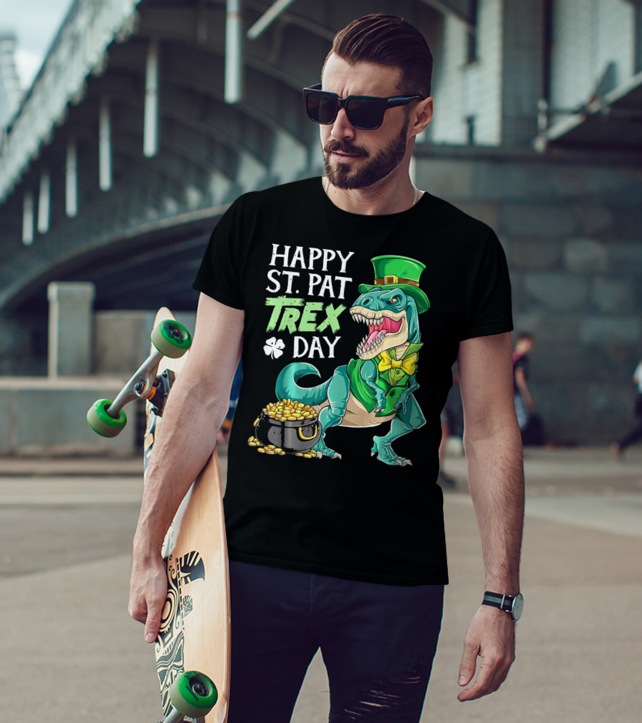 Happy St Pat Trex Day Leprechaun Dinosaur With Pot Of Gold And Clover T-Shirt