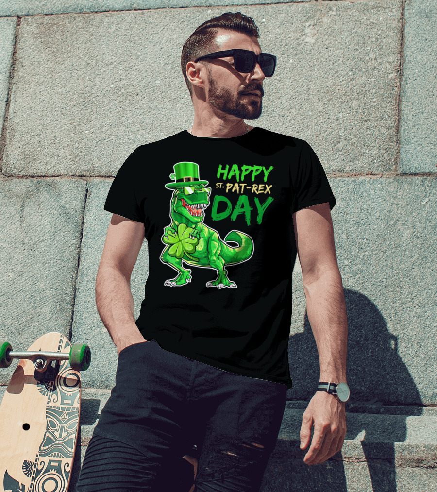 Happy St Pat Rex Day Saint Patricks Day Dinosaur With Shamrock And Green Hat T-Shirt