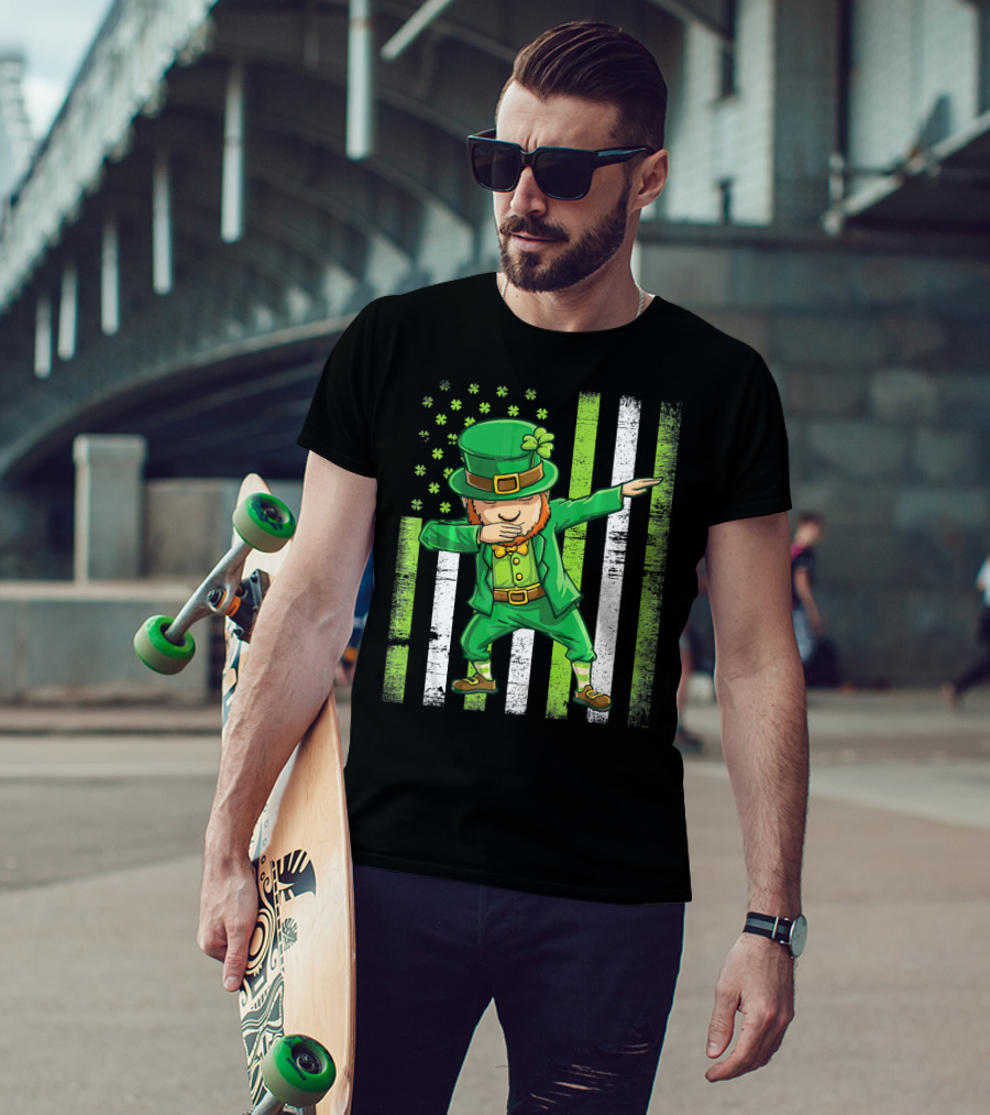 Leprechaun Dabbing With Shamrock Irish Flag Stripes T-Shirt