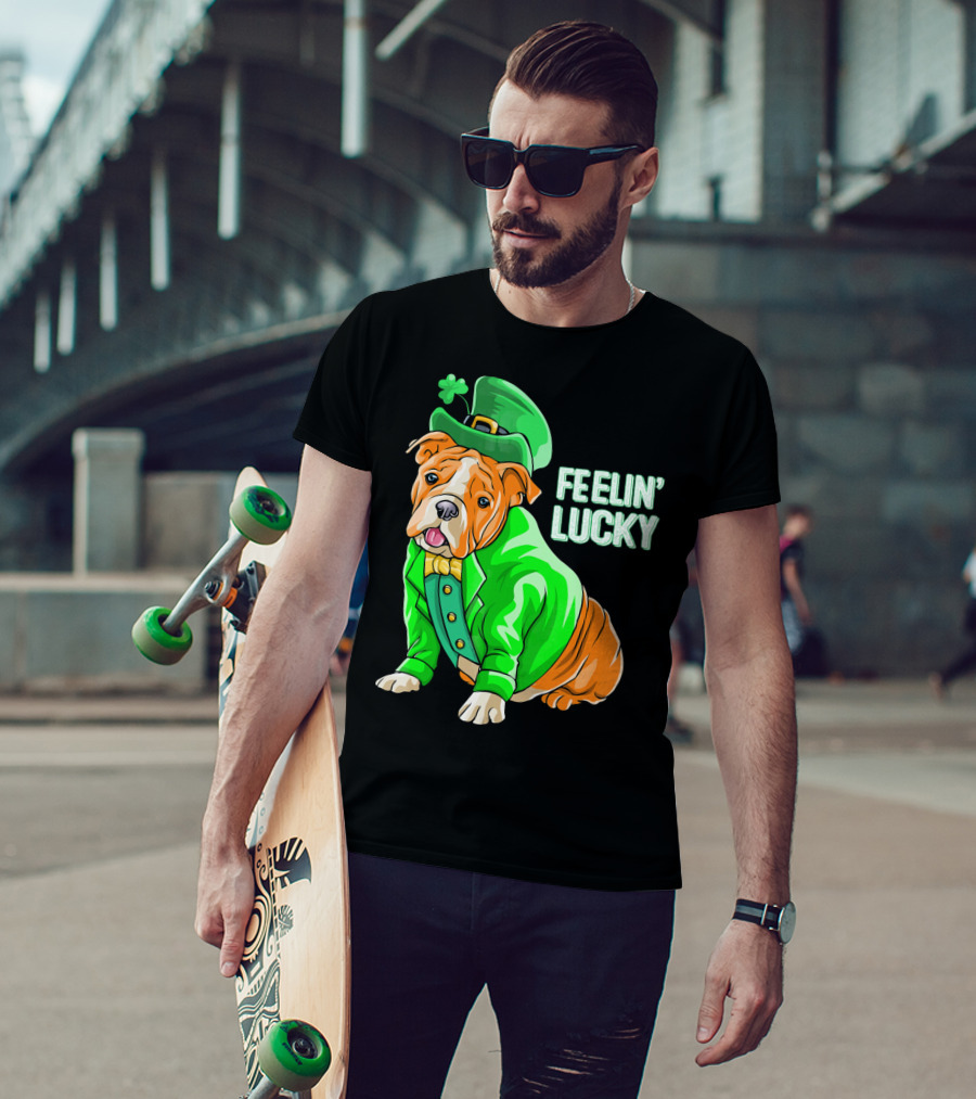 Feelin' Lucky Bulldog In Green Leprechaun T-Shirt