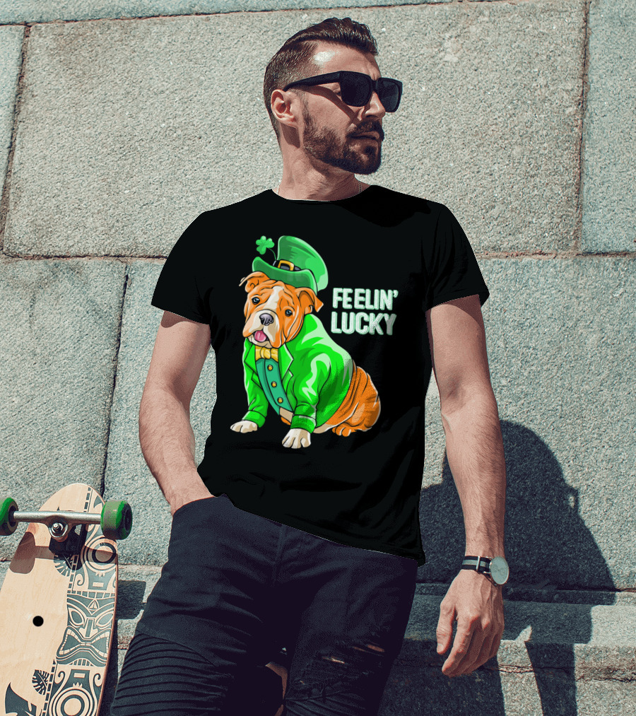Feelin' Lucky Bulldog In Green Leprechaun T-Shirt