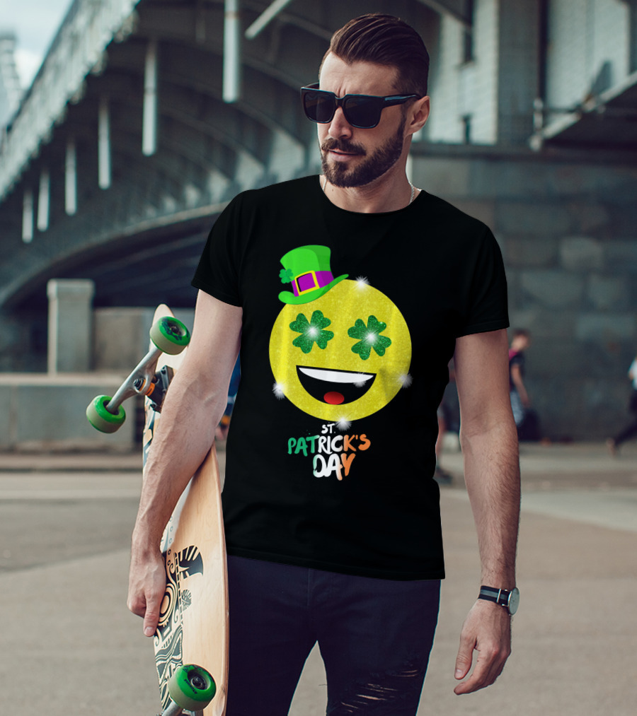 St. Patrick's Day Emoji With Green Hat And Shamrock Eyes T-Shirt
