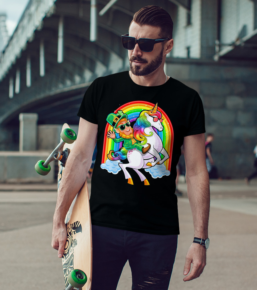 St Patricks Day Rainbow Unicorn And Leprechaun Riding Clouds T-Shirt